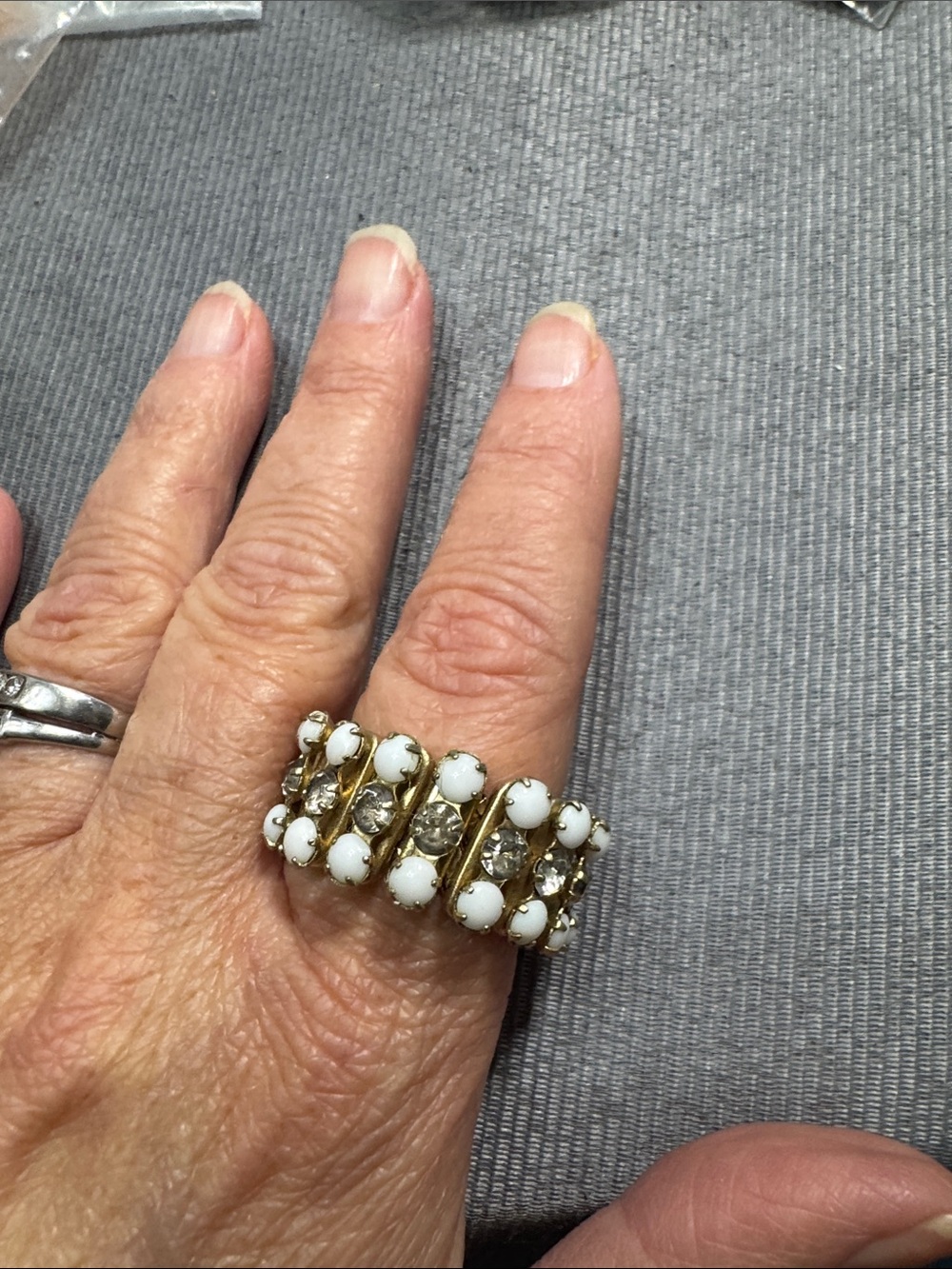 Vintage Source Unknown Gold Tone Ring with White Beads and Clear Crystals
